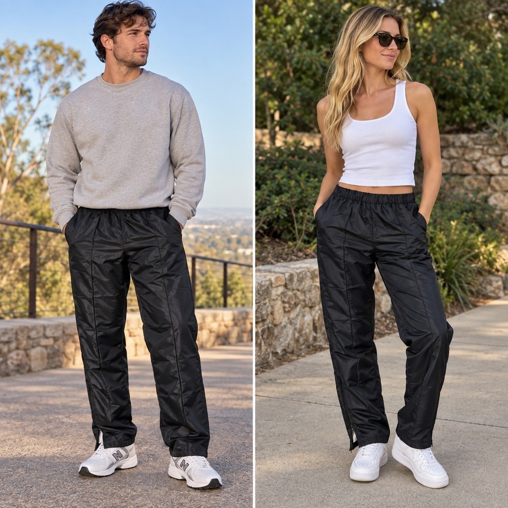 Vintage 80s Birdie Richard L Leslie Black Nylon Wind Pants XL Made USA Ankle Zip